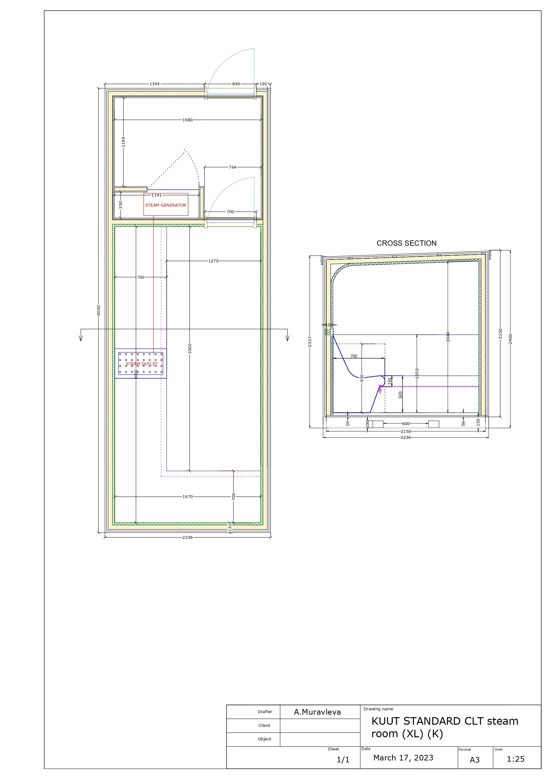Technical drawing of KUUT Outdoor Steam Sauna XL model with floor plan and cross section, including steam generator placement, on a white background.
