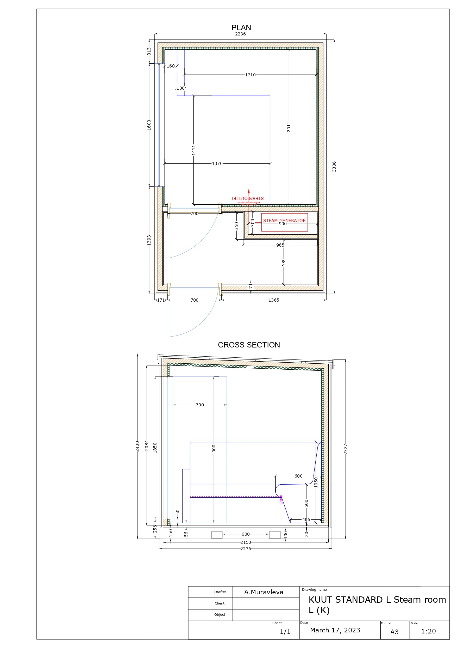 Technical drawing of KUUT Outdoor Steam Sauna with floor plan and cross section, showing steam generator and bench layout, on a white background.