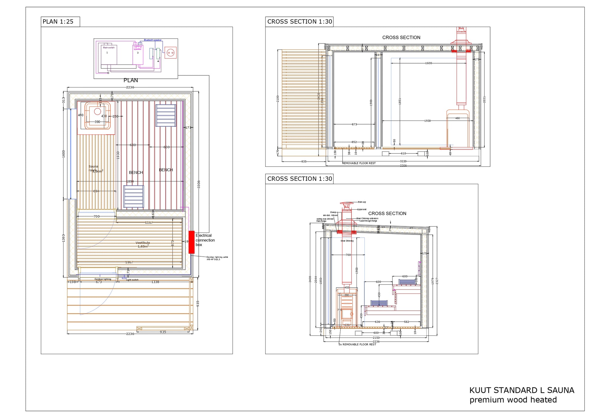 Blueprint of KUUT Wood Fired Sauna Premium L model with detailed floor plan, stove position, and seating layout, on a white background.