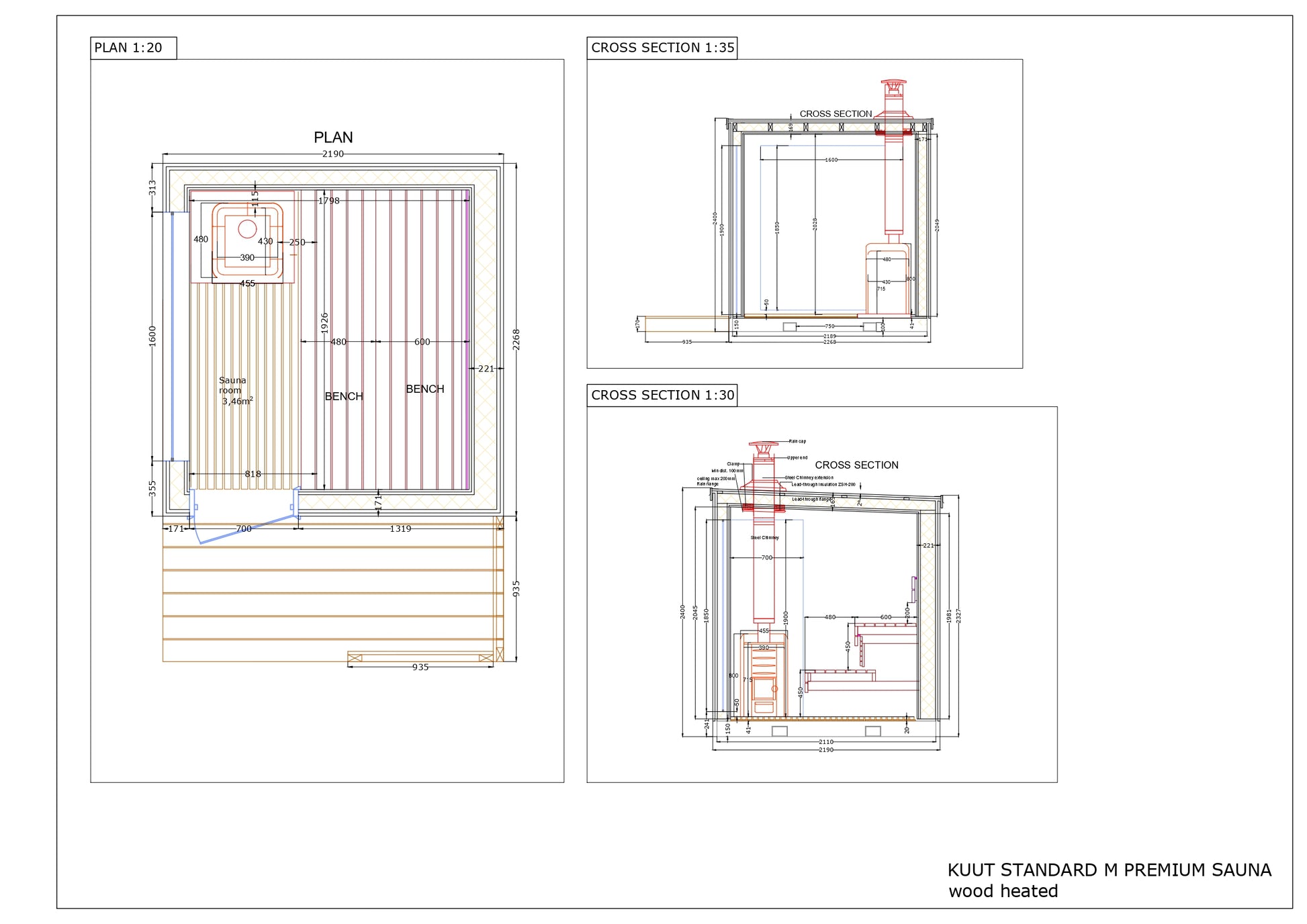 Technical drawing of KUUT Wood Fired Sauna Premium M model with top view and cross sections showing benches, stove, and layout, on a white background.