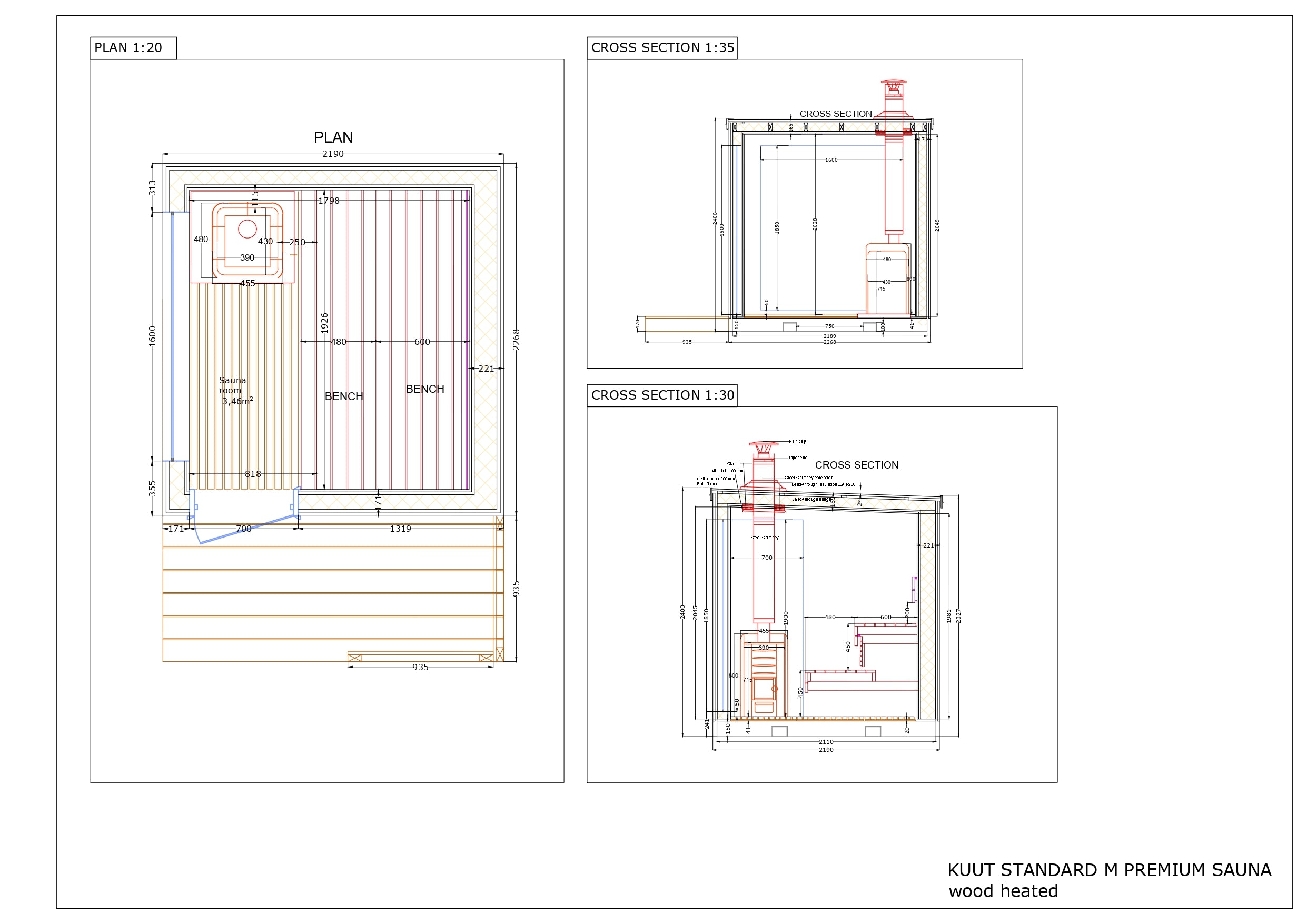 Technical drawing of KUUT Wood Fired Sauna Premium M model with top view and cross sections showing benches, stove, and layout, on a white background.