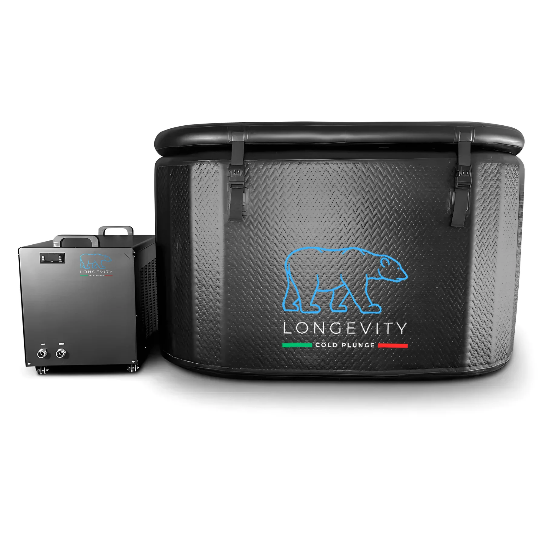 Front view of Longevity Cold Plunge tub with chiller system on a white background.