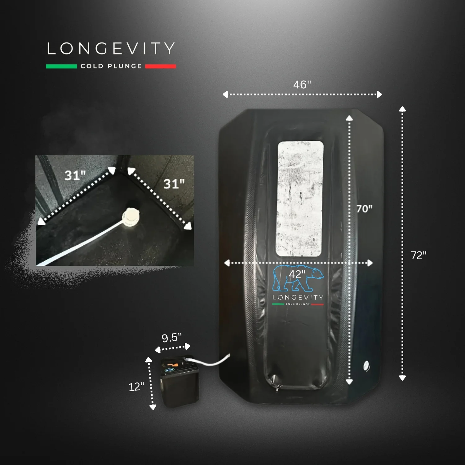 Longevity Cold Plunge and Chiller with full measurement labels on a black background.