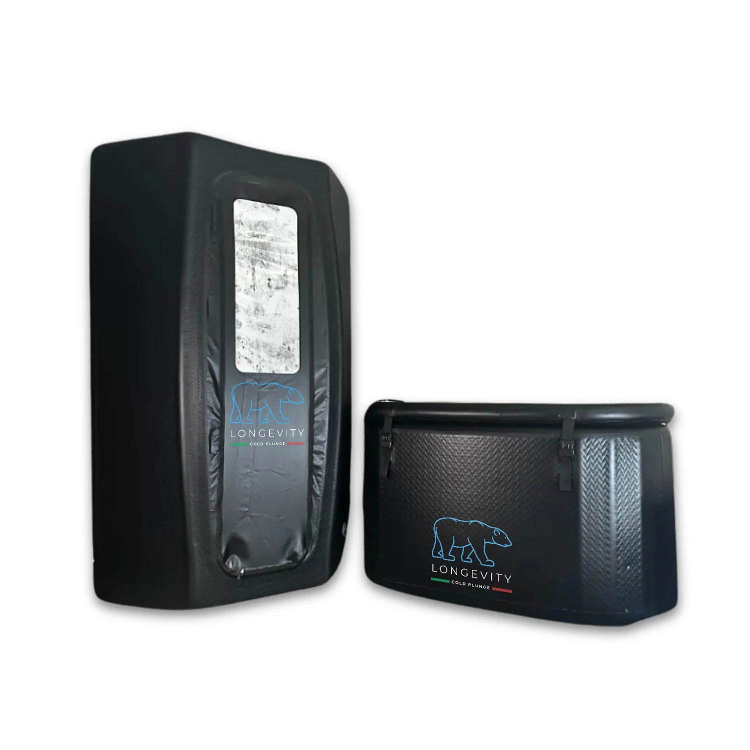 Two Longevity Cold Plunge units side by side with visible logos, on a white background.