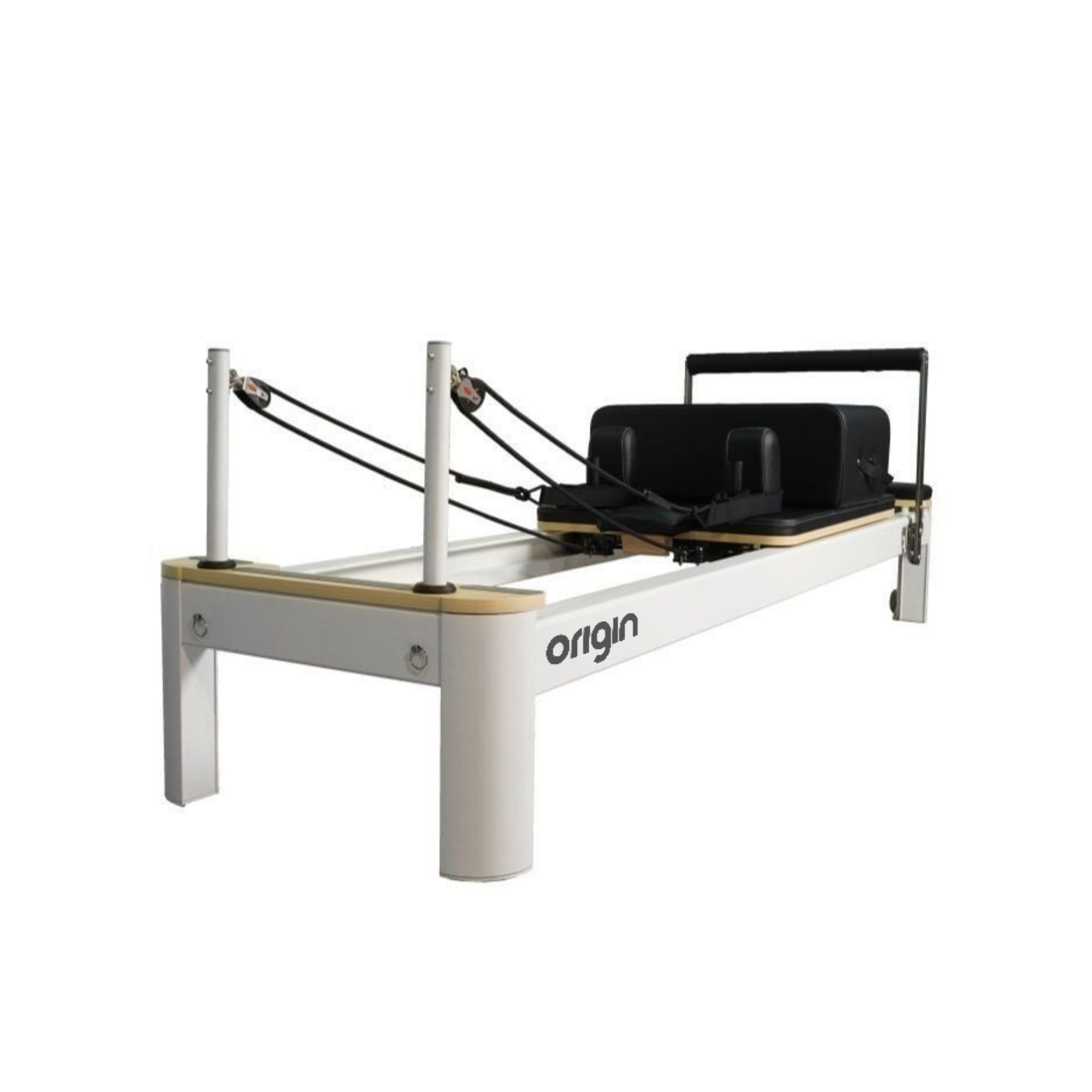 Origin Aluminium Reformer Pilates machine in black, full machine side view