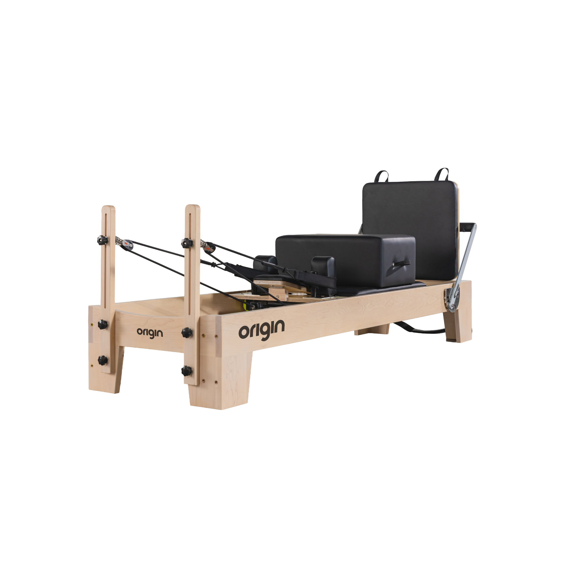 Origin Maple Reformer Pilates machine, full machine side view on a solid maple frame