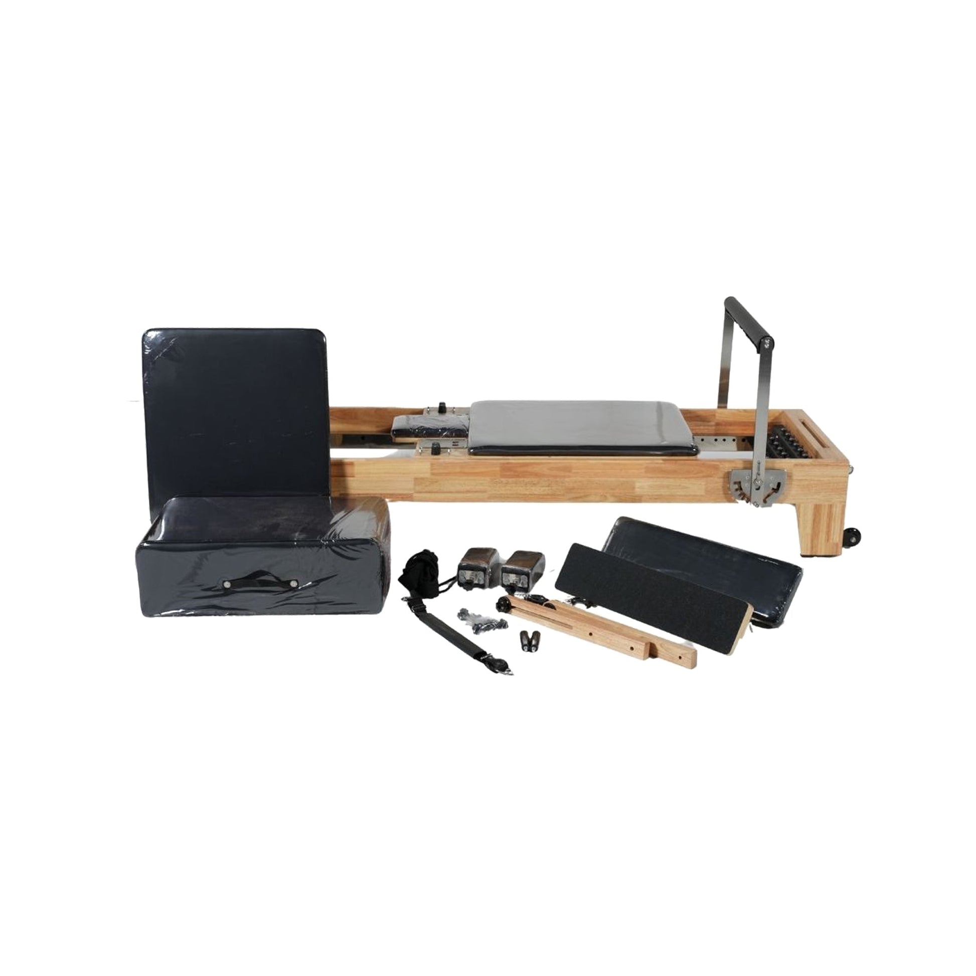 Origin Maple Reformer, additional detail view of the maple frame and upholstery