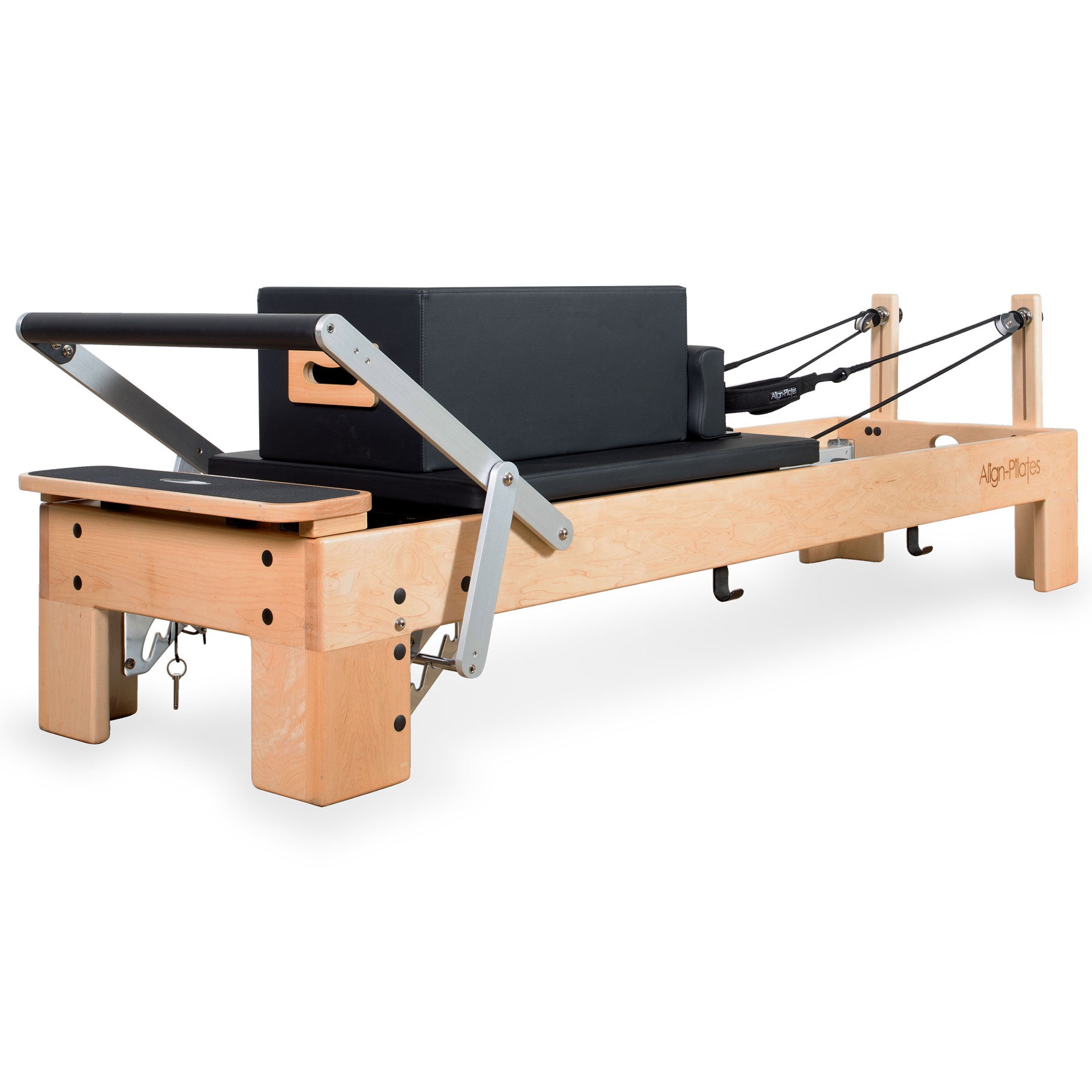 Align-Pilates M8-Pro Maple Wood Pilates Reformer with Pro Sitting Box, full side view on a maple frame