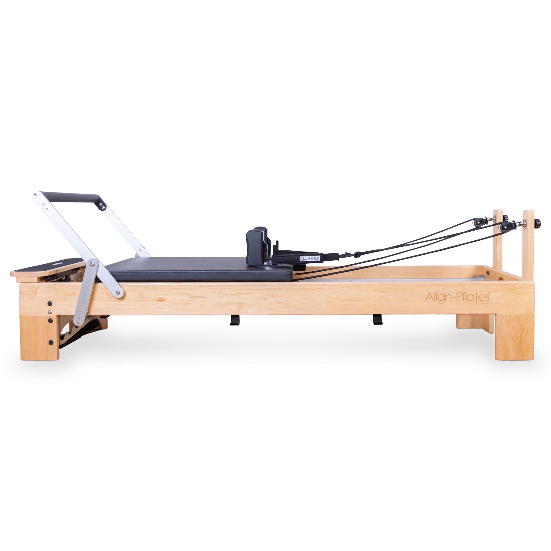 Align-Pilates M8-Pro reformer detail showing the rope pulley and T-Bar adjustment system