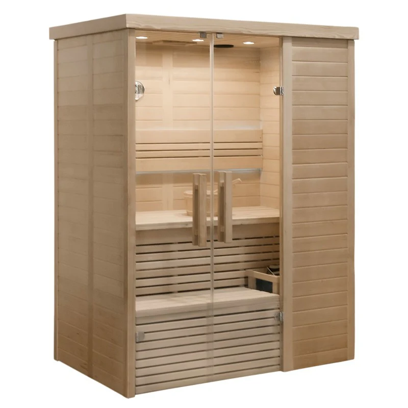 Traditional Relax Indoor Sauna for two persons with stone heater, wooden ladle, and clear glass doors, on a white background.