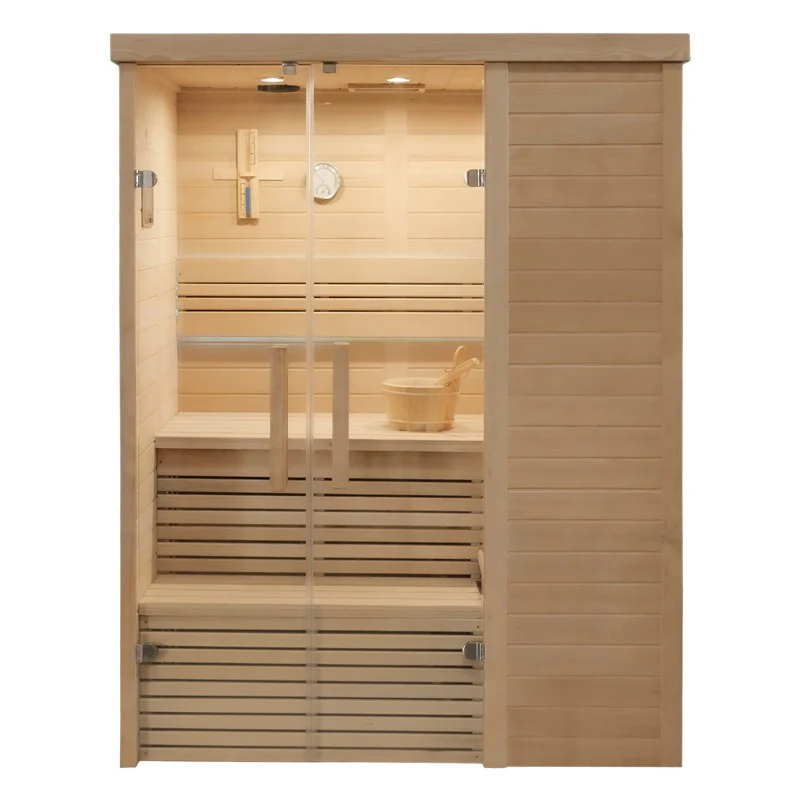 Traditional Relax Indoor Sauna with vertical wood slats, thermometer, and classic interior layout, on a white background.