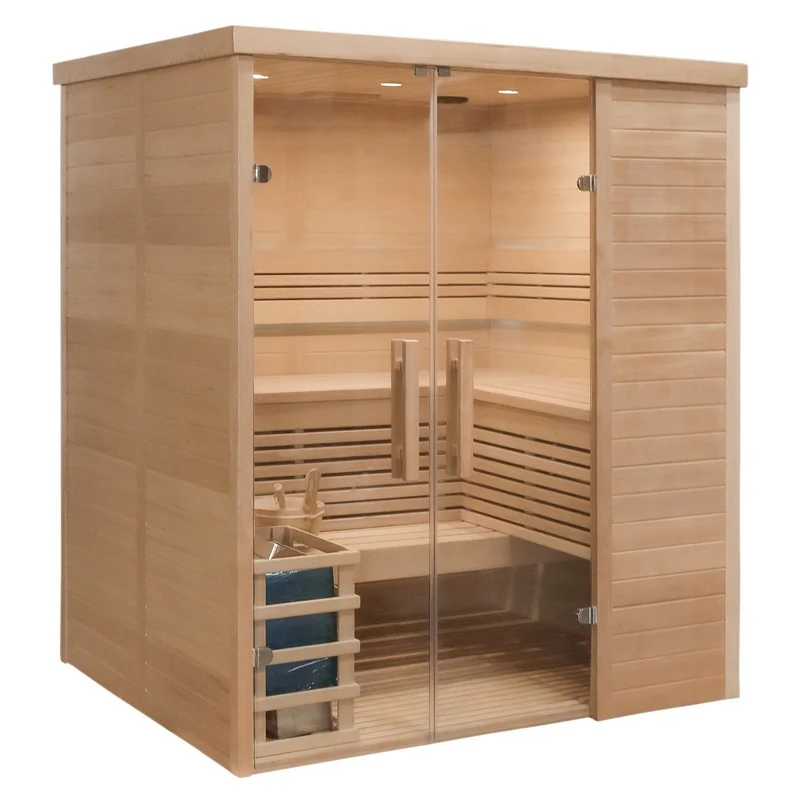Traditional Relax Indoor Sauna with double glass doors and corner bench seating, on a white background.
