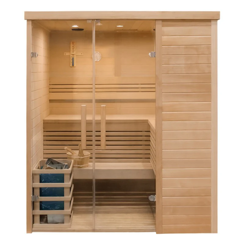 Traditional Relax Indoor Sauna for three persons featuring a wooden bucket, rock heater, and tiered bench, on a white background.