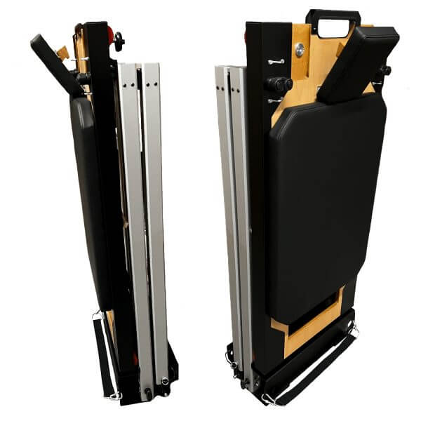 Atro Pilates Reformer – space-saving foldable reformer in upright storage position, made in the UK