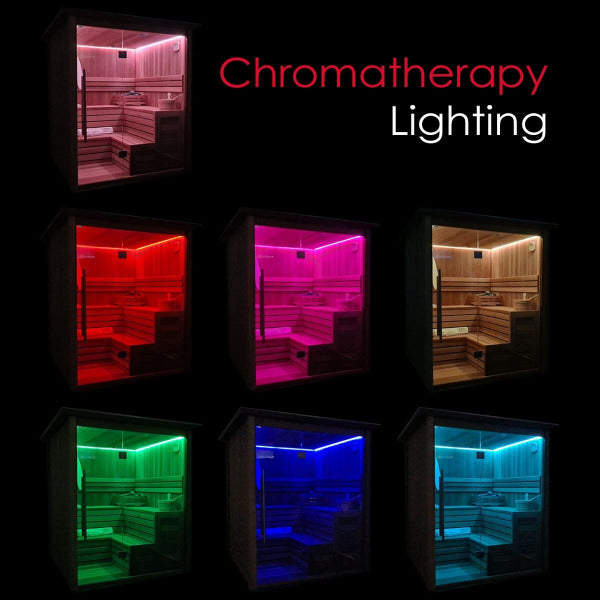 Sauna showcasing chromatherapy lighting modes with red, pink, green, and blue hues.
