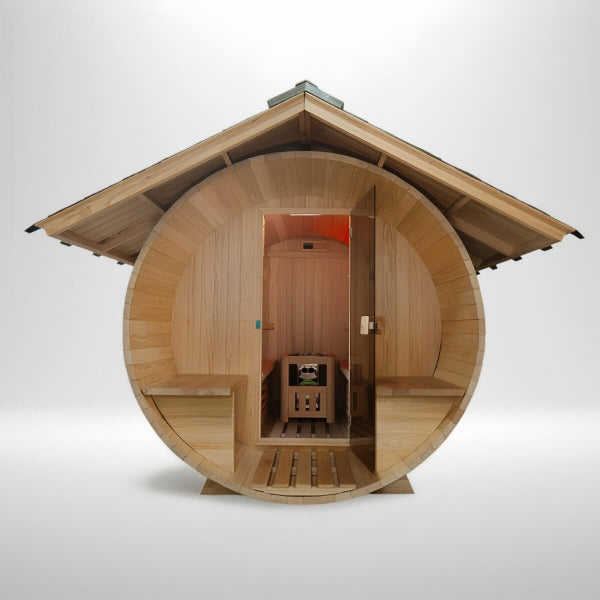 Front view of hybrid barrel sauna with glass door and benches