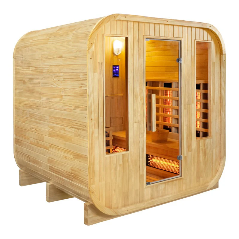 Angled exterior view of the Centura Heat Outdoor Cube Sauna with dual glass panels and visible warm lighting inside, on a white background.