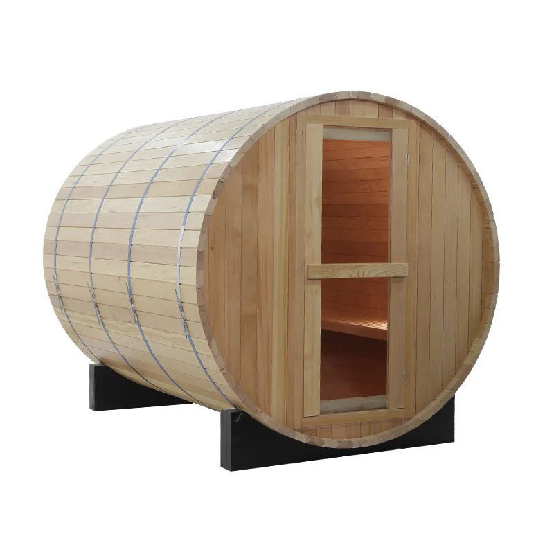 Centura Heat Outdoor Wood Barrel Sauna with smooth curved exterior, angled view showing door and wooden slats on a white background.