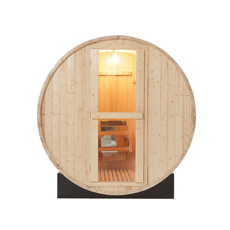 Centura Heat Outdoor Wood Barrel Sauna with clear glass door, front view showing interior heater and light fixture on a white background.