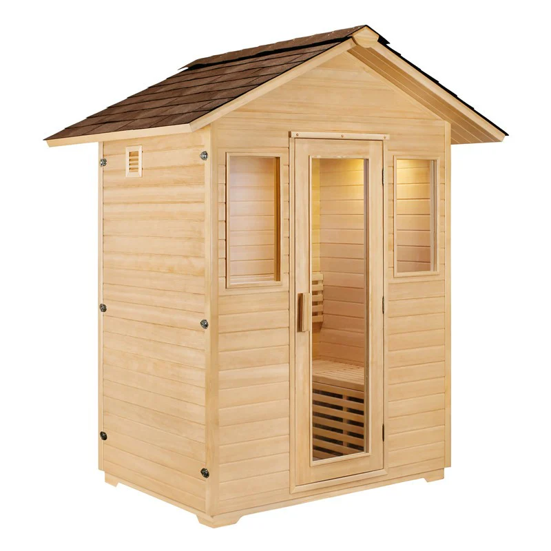 Rear angled view of the Centura Heat Outdoor House Sauna with symmetrical wood panelling and dual front windows, on a white background.