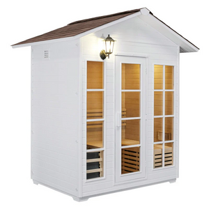 White Centura Heat Outdoor House Sauna with large glass windows and lantern-style exterior light, on a white background.