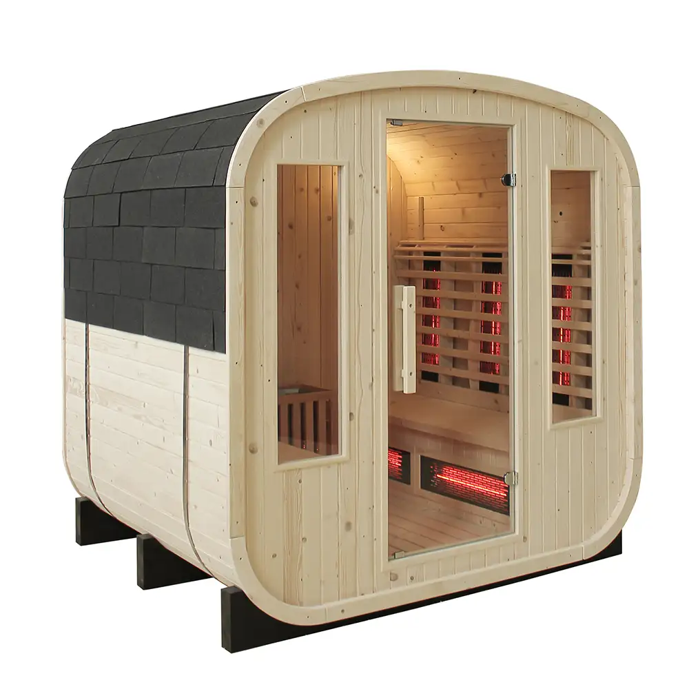 Centura Heat Outdoor Cube Sauna with dark shingled roof and light wood body, showing interior heating elements through the glass door, on a white background.