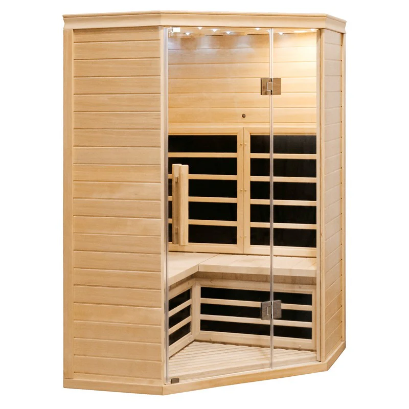 Centura Heat Indoor Corner Infrared Sauna with black heater panels and corner bench, on a white background.