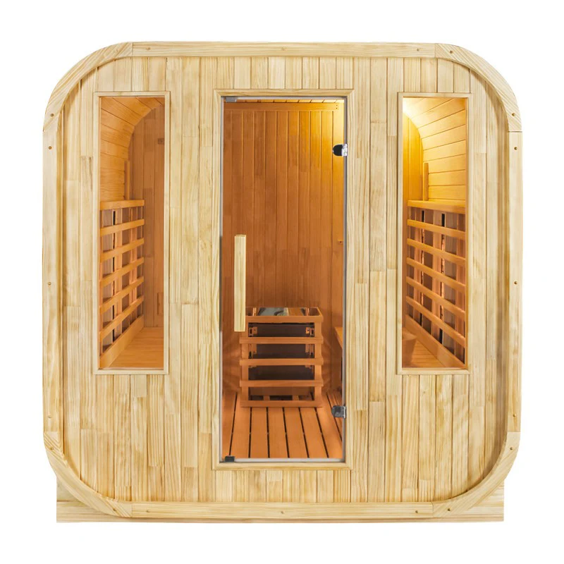 Frontal view of the Centura Heat Outdoor Cube Sauna with large central glass door and dual side windows, on a white background.
