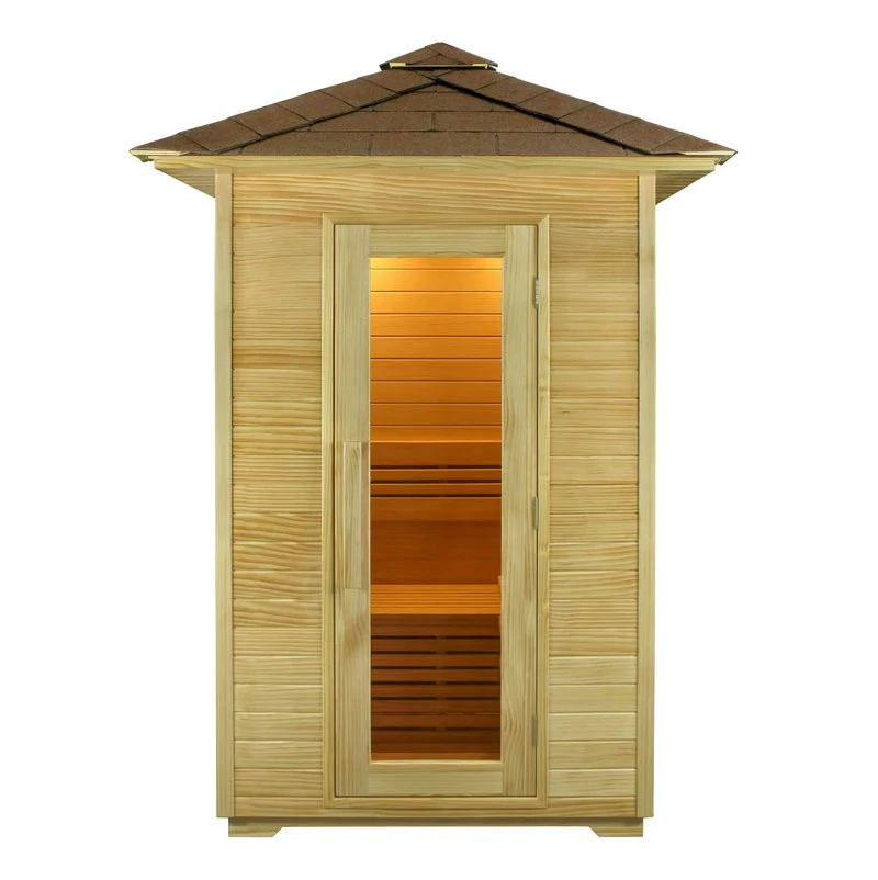 Frontal view of the Centura Heat Outdoor House Sauna with classic roof design and glowing interior lighting, on a white background.
