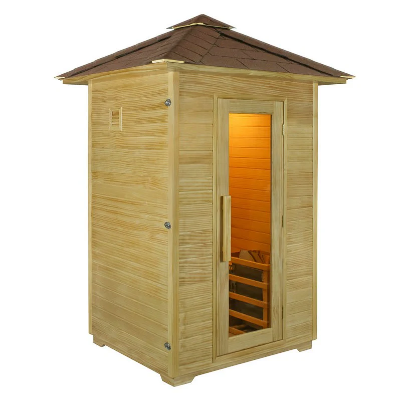 Side view of the Centura Heat Outdoor House Sauna with a dark shingle roof and a single glass door, on a white background.