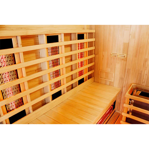 Bench and infrared panel detail inside the Centura Heat Outdoor Cube Sauna, on a smooth light wood background.