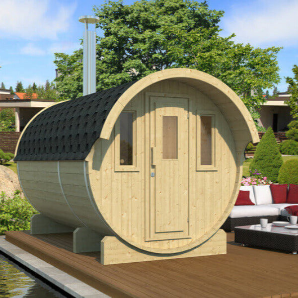 InMedias Barrel Sauna 330 – outdoor round wood sauna with light pine finish and shingle roof