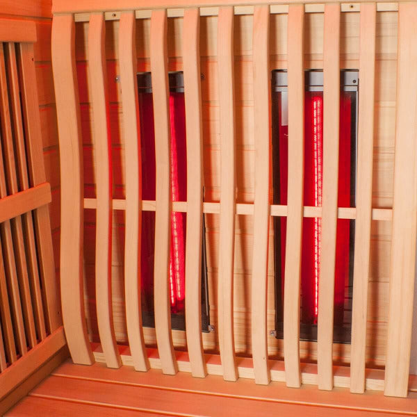 Wooden backrest design with red infrared heaters inside Insignia KSY1820 sauna