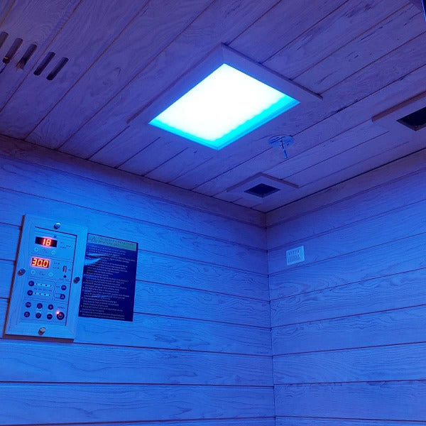 Ceiling chromotherapy lighting and control panel inside Insignia KSY1820 sauna