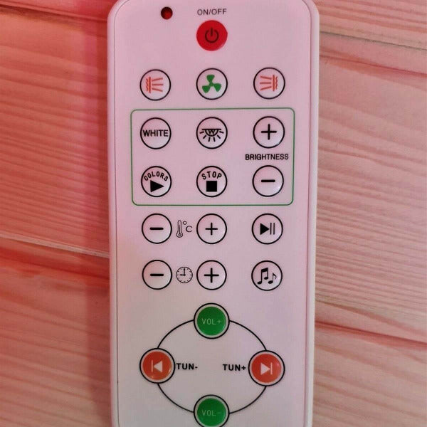 Remote control for light, temperature, and audio in Insignia KSY1820 sauna