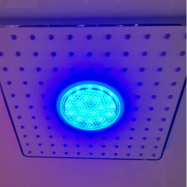 Chrome rainfall showerhead with blue chromotherapy light in Insignia KSY1820