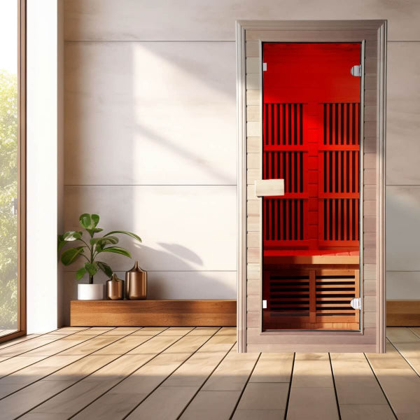 Modern home installation of Insignia KY004 infrared sauna with red LED interior glow