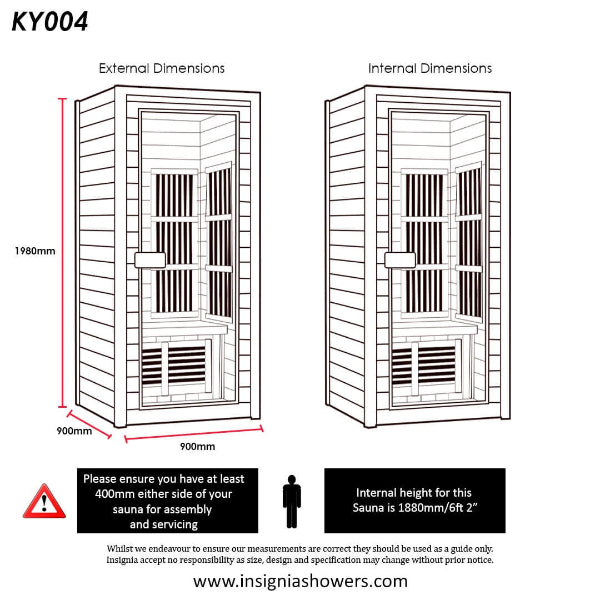 Technical dimensions diagram for Insignia KY004 1-person infrared sauna