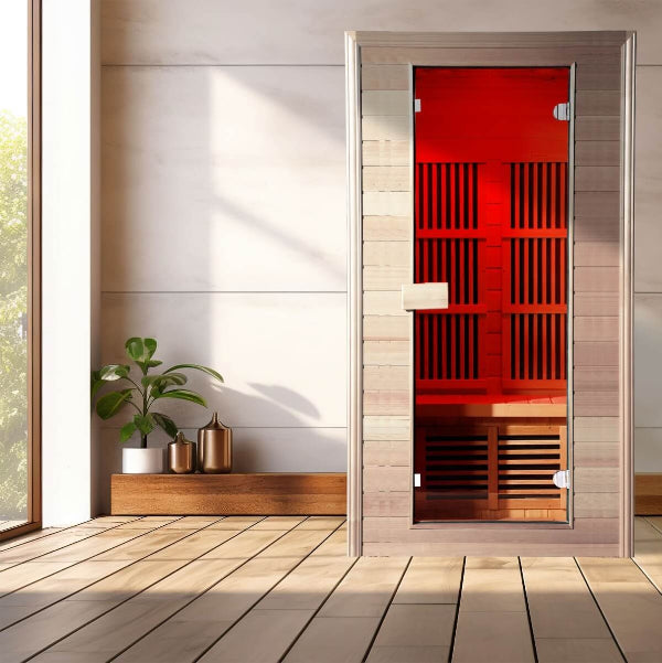 Modern home installation of Insignia KY005 infrared sauna glowing with red LED light