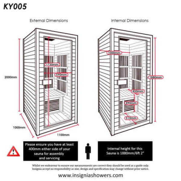 Technical diagram showing dimensions and layout of Insignia KY005 1-person infrared sauna