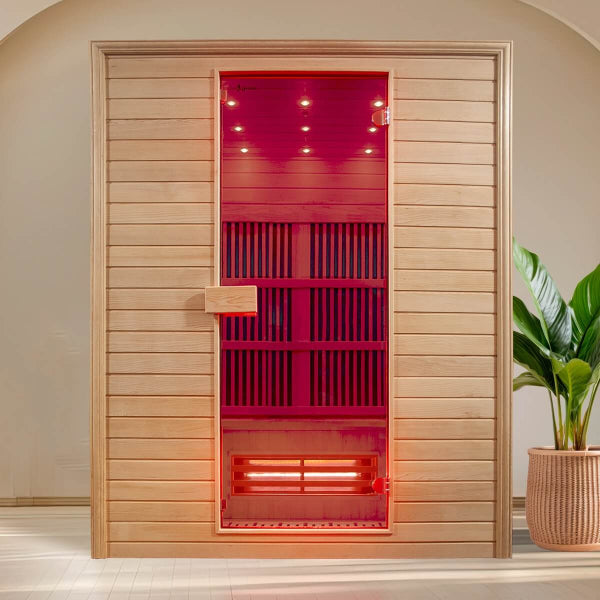 Modern home installation of Insignia KY008 infrared sauna glowing red with LED lights