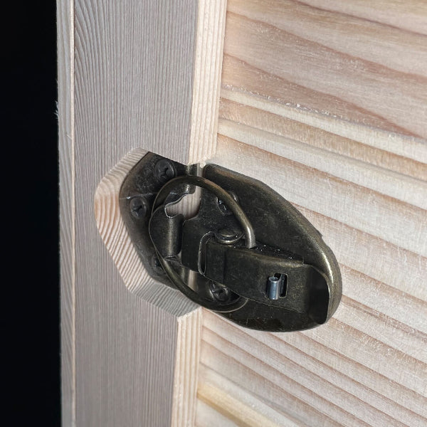 Close-up of metal latch mechanism on Insignia infrared sauna door