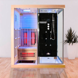 Full view of Insignia KSY1820 infrared sauna and steam cabin with lighting on