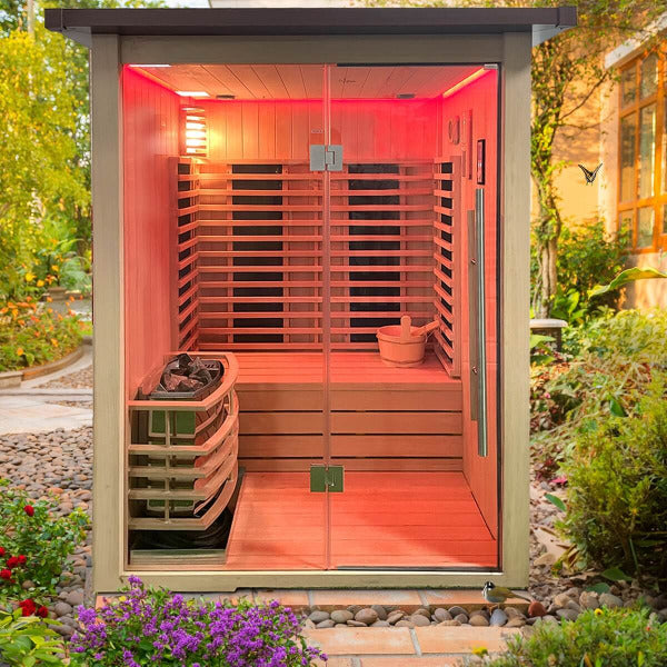 Outdoor hybrid sauna with red LED lighting and wooden interior in lush garden
