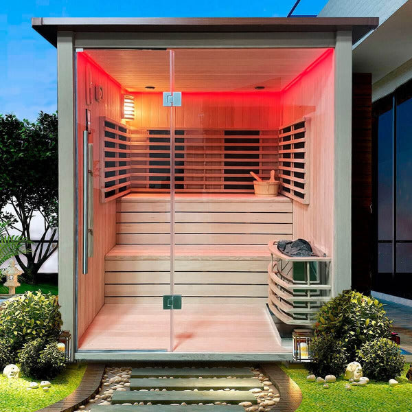 Outdoor infrared sauna with glass doors and red LED lighting.