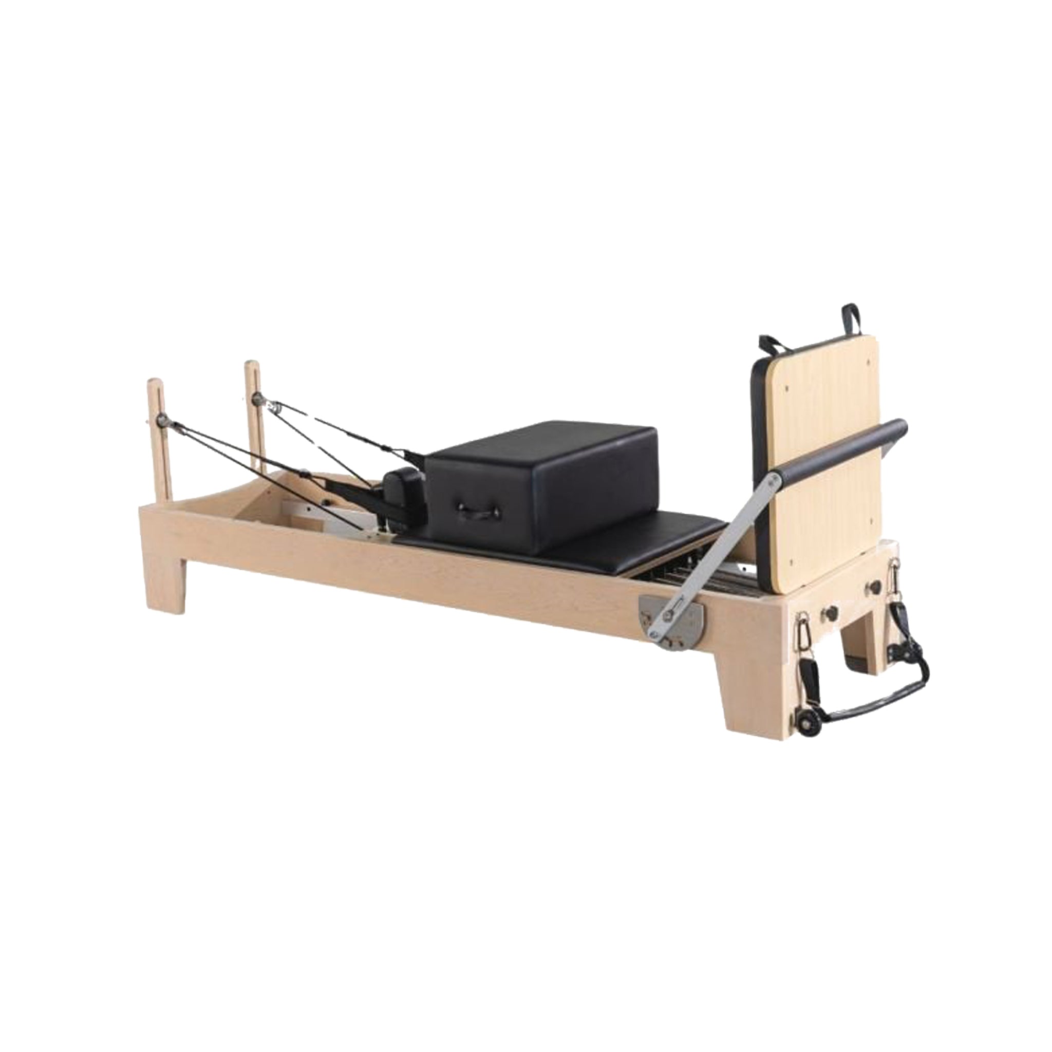 Origin Maple Reformer, angled detail view of the carriage and footbar