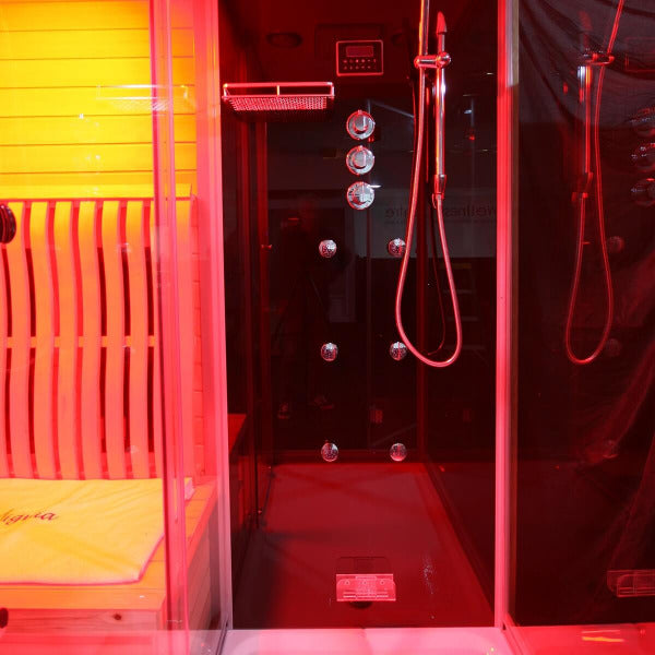 Red LED chromotherapy lighting illuminating Insignia KSY1820 infrared sauna