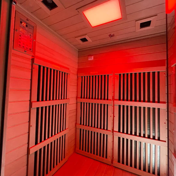 Inside view of Insignia KY004 infrared sauna glowing red from active heater panels