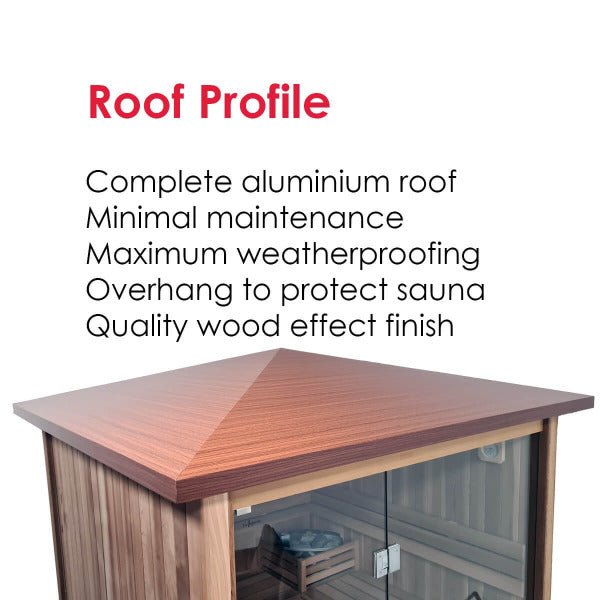 Aluminium roof profile of MXOS2000 sauna with wood-effect finish and weatherproof design